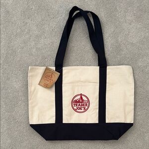NWT Trader Jo's Cream & Navy Canvas Tote Bag